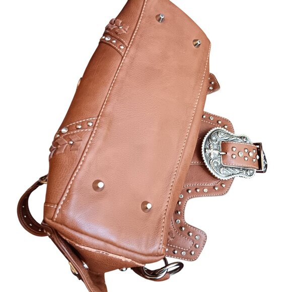 Montana West Western Style Brown Faux Leather Handbag Studded Cross Buckle - Picture 10 of 10